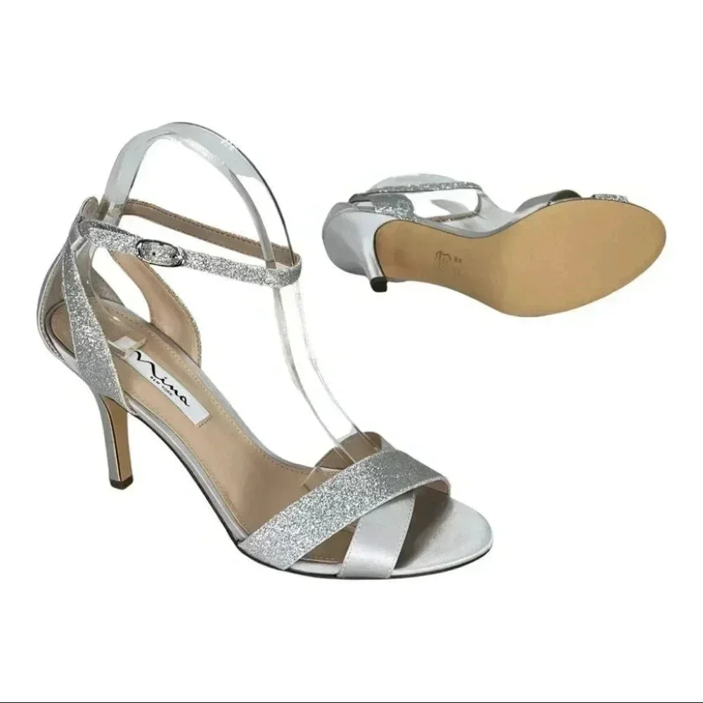 Nina Venus Silver Satin Fabric Glitter Accent Womens Heels Size 9M